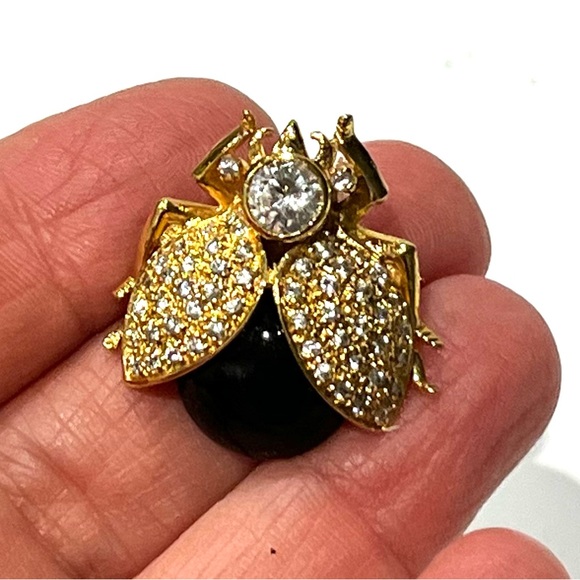 Seta Bug Pin/Brooch Black Cabochon Stone, Gold Tone with Clear Rhinestone - Picture 6 of 6